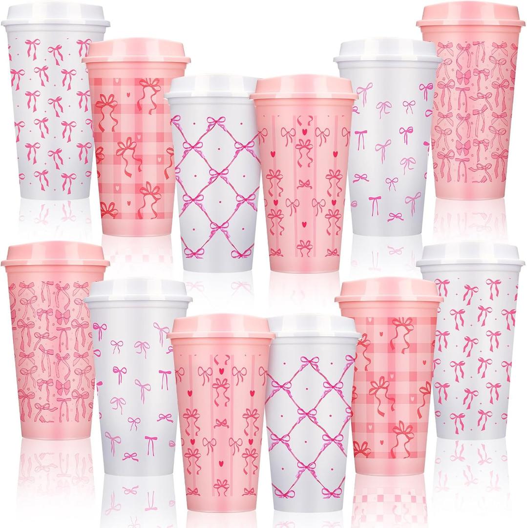 Skylety 12 Pcs Reusable Pink Bow Coffee Cups 16 oz Pink Bow Tumbler with Lid for Women Gift Coquette Plastic Coffee Cups for Hot Cold Drinks Wedding Bachelorette Bridal Shower Birthday Party, 6 Styles