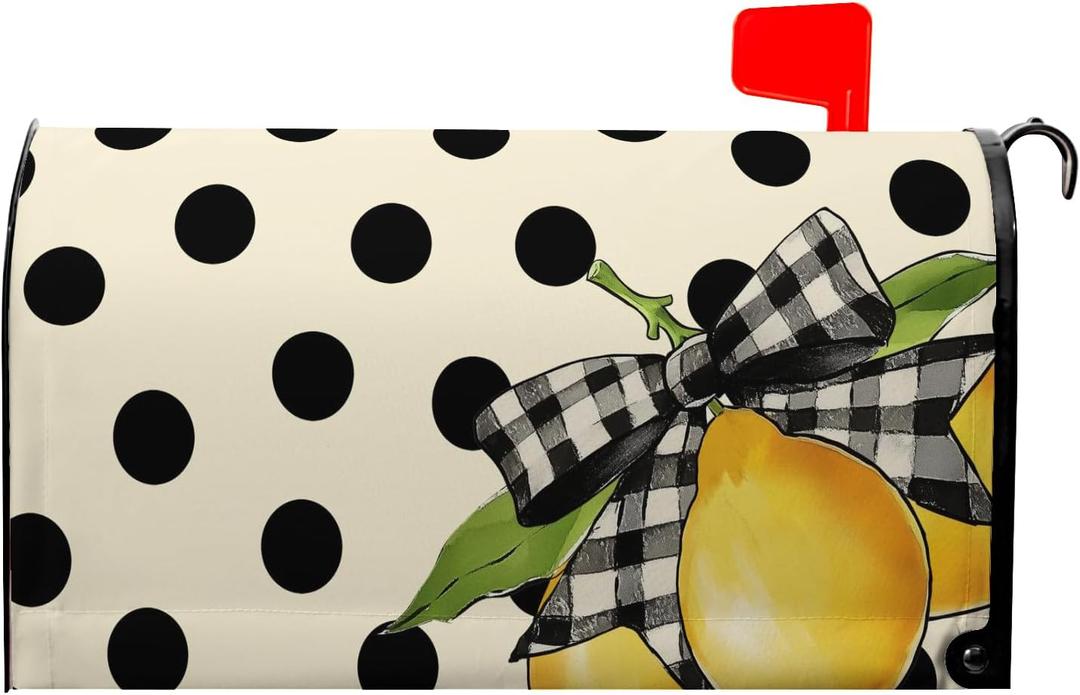 Spring Summer Mailbox Covers Magnetic Lemon Mail Box Cover Standard Size 21x18 inch Black Dot Mailbox Wrap Spring Summer Decorative Mailboxes for Outside Garden Yard