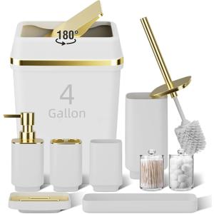 9PCS Bathroom Accessory Set, White Bathroom Set, Bathroom Accessories Set Complete with Trash Can, Toothbrush Holder, Soap Dispenser, Toilet Brush, Bathroom Decor
