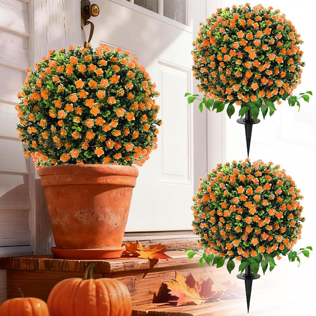 28" Artificial Flower Bushes with Ground Stakes Artificial Boxwood Topiary Trees with Roses Orange Faux Floral Plants with Autumn Leaves for Outdoor Thanksgiving, Garden, Pathway, Porch Dcor