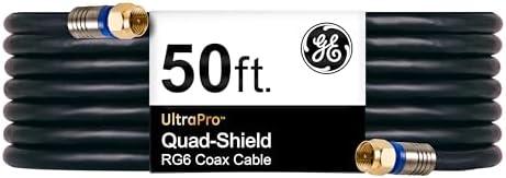 GE RG6 Coaxial Cable, 15 ft. F-Type Connectors, Quad Shielded Coax Cable, 3 GHz Digital, In-Wall Rated, Ideal for TV Antenna, DVR, VCR, Satellite, Cable Box, Home Theater, Black, 33532