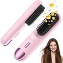 Go Brush Pro 2026 Hair Iron Straightener Brush 300M Negative Ions, Portable Mini Hair Straightening Comb for Women with 4 Temps Fast Heating MCH Ceramic Coating Smooth Frizz Hair Travel Gift Pink