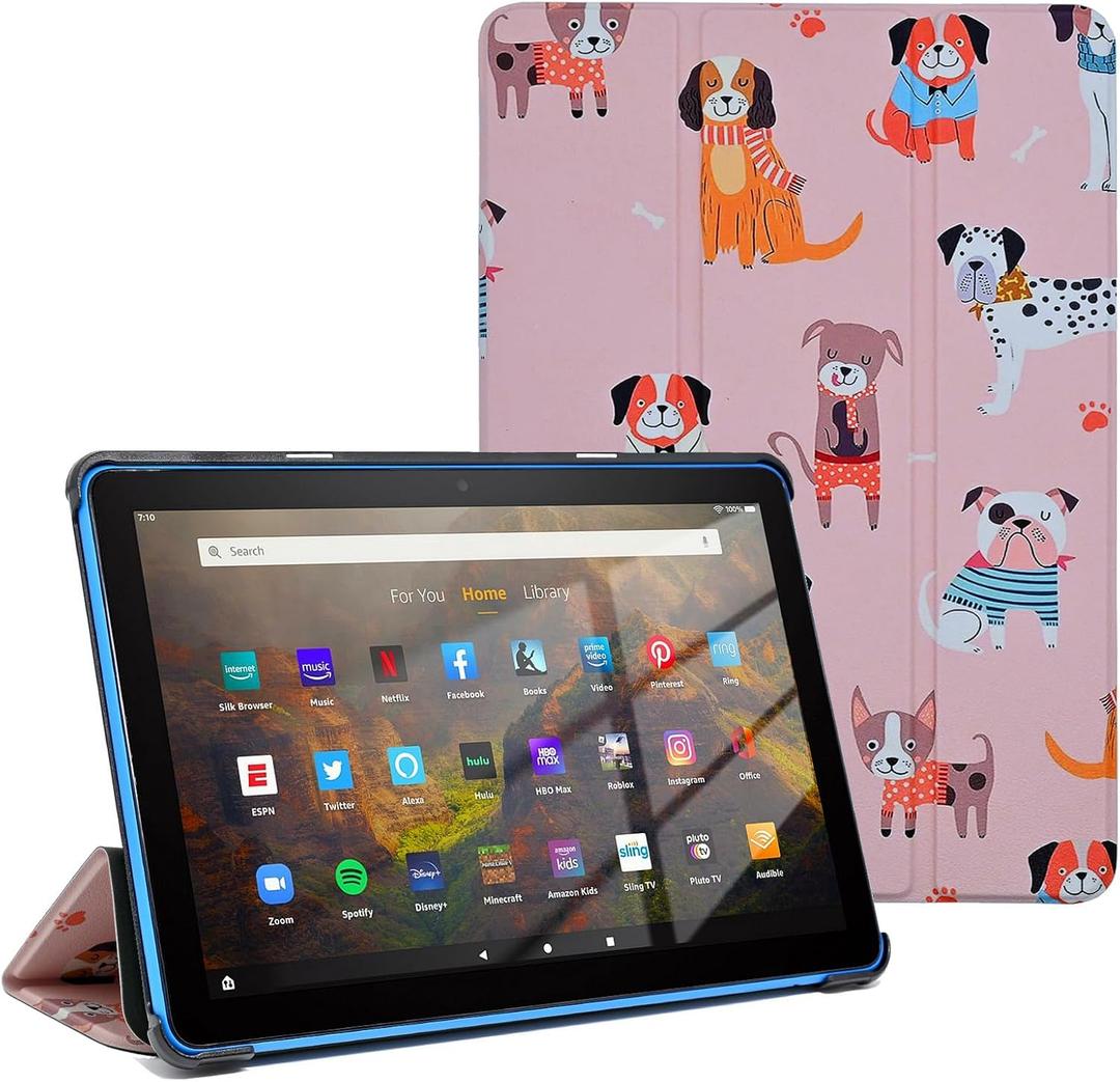 Case for Amazon Kindle Fire HD 10 Tablet (13th Generation, 2023 Release), Cute Cartoon Kawaii Trifold Stand Cover Backshell with Auto Wake/Sleep (Pink Dogs)