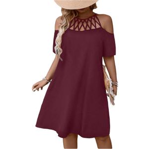 Verdusa Women's Plus Size Cold Shoulder Short Sleeve Knee Length Dress Cut Out Flowy Dress (3X-Large Plus, Burgundy)