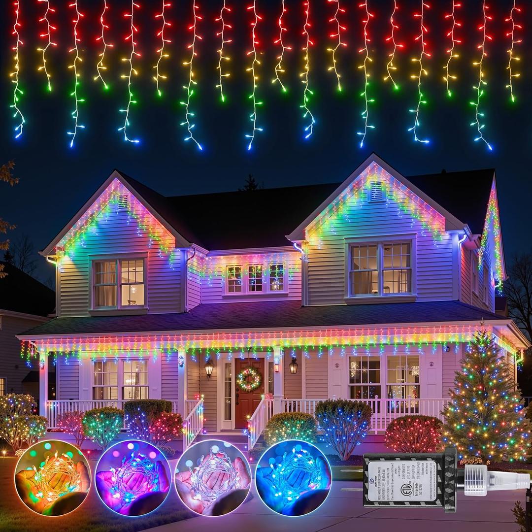 2025 New Upgraded Colorful Twinkling Icicle Lights for Outside - 33 ft 420LED Christmas Lights Outdoor - Waterproof Icicle for House Roof Garden Deck Balcony Porch Pathway Party Holiday Indoor (Multicolor)
