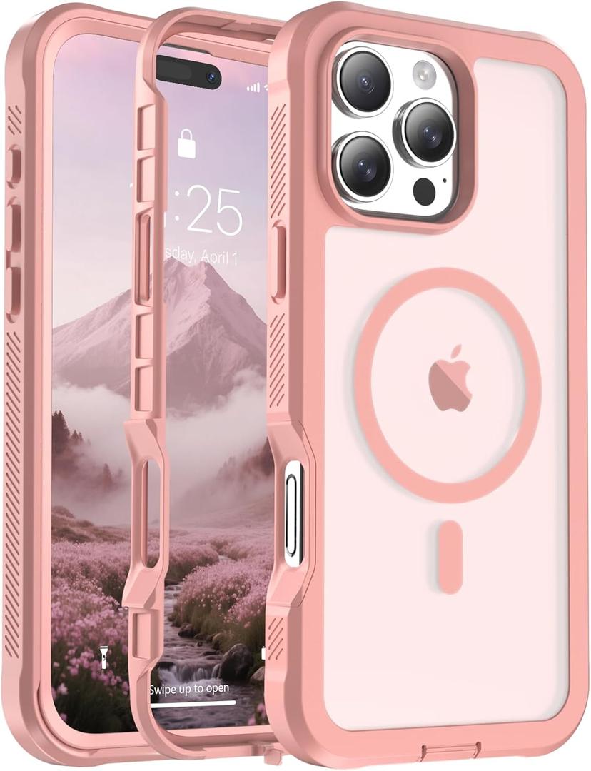 Magnetic for iPhone 16 Pro Max Case, [Compatible with MagSafe][Military Grade Drop Protection][Heavy Duty Protection][Non-Slip][Shockproof] 2-Layer Durable Bumper Phone Case 6.9''-Pink