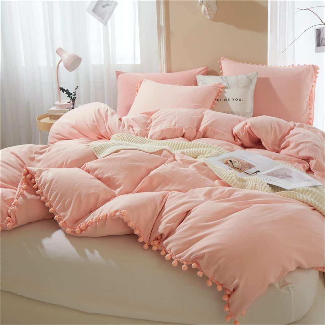 IHOUSTRIY Kid's Duvet Cover Twin Size,100% Washed Microfiber 2pcs Girl Bedding Duvet Cover Set, Pom Poms Fringe Solid Color Soft and Breathable with Zipper Closure & Corner Ties (Peach Pink, Twin) (Twin, Peach Pink)