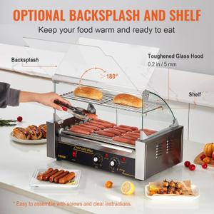 VEVOR Hot Dog Roller 7 Rollers 18 Hot Dogs Capacity 1050W Stainless Sausage Grill Cooker Machine with Dual Temp Control Glass Hood Acrylic Cover Bun Warmer Shelf Removable Oil Drip Tray, ETL Certified