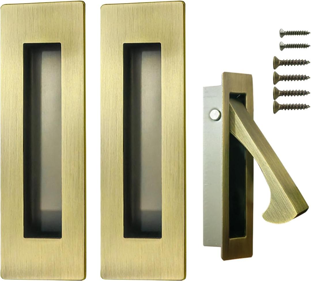 Pocket Door Hardware and Edge Pull,Stainless Steel Pocket Door Handles Latch,Recessed Finger Flush Pulls,for Closet,Sliding,Barn Door (Antique Brass, 6Inch)