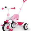 Liberry 2 in 1 Toddler Tricycle Age 2 3 4 Years Old, Kids Trike with Adjustable Push Handle, Bell & Basket, 3 Wheel Bike Riding Toy Birthday Gift for Girls Boys, Pink