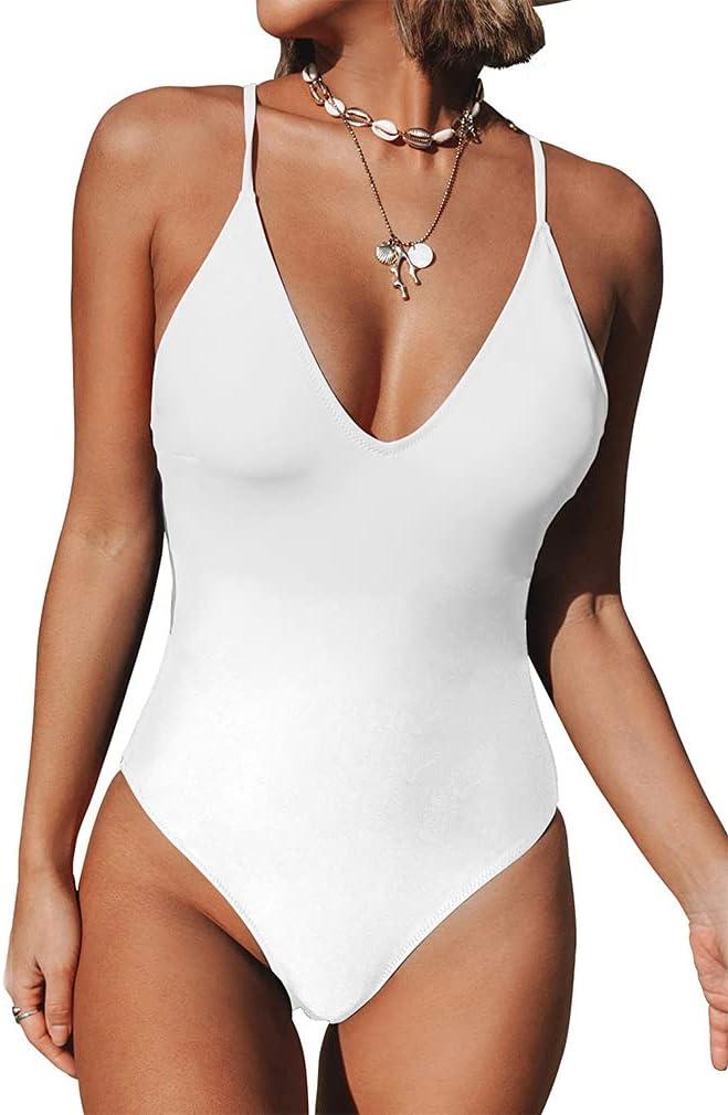 Women's One Piece Swimsuit Sexy V Neck Cross Back Bathing Suit High Cut Backless Swimwear (Large, White)