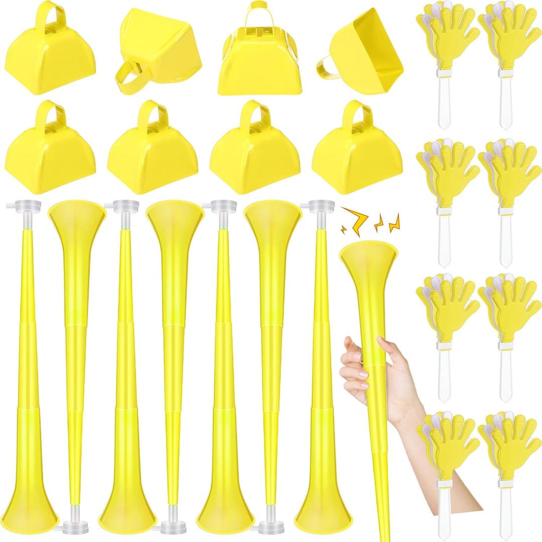 Jenaai 24 Pcs Cheer Team Gifts Bulk Collapsible Stadium Horn Hand Clappers Metal Cowbells Team Cheering Spirit Accessories Noisemakers 24" Vuvuzela Blow Horn for Sporting Events Football Party(Yellow)
