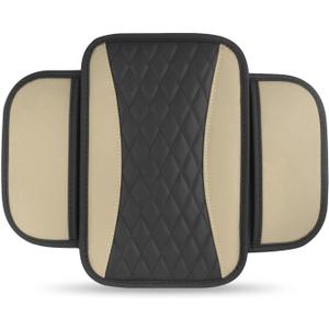 Car Center Console Cover, Upgraded Patchwork Leather Arm Rest Cover with Side Storage Pockets, Comfortable Auto Armrest Protector Cushion, Universal Middle Console Pad for SUV, Sedan (Beige)