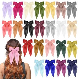 SHENLIU 24 Pack Oversized Satin Hair Bows for Women, Multi Colors Silky Big Bow Clips with Long Tail Ribbons, Large Knot Barrettes Hair Accessories for Girls Holiday Gifts