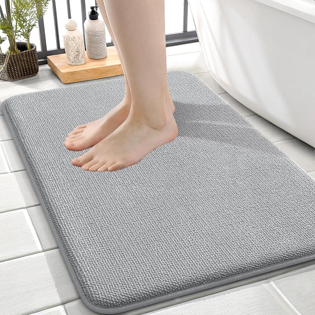 OLANLY Thick Memory Foam Small Bathroom Rugs 24x16, Extra Soft Absorbent Bath Rug, Quick Dry Bath Mats, Non-Slip, Machine Washable Mat for Bathroom, Tub and Shower, Home Decor Accessories, Light Grey