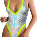 ChiaoLezhee Color Block Swimsuit, Plunge V Neck High Cut, Pool Party Vacation, Sexy Backless One Piece Bathing Suit Cheeky Monokini for Women Leg Metallic, Silver Neon Green, X-Large