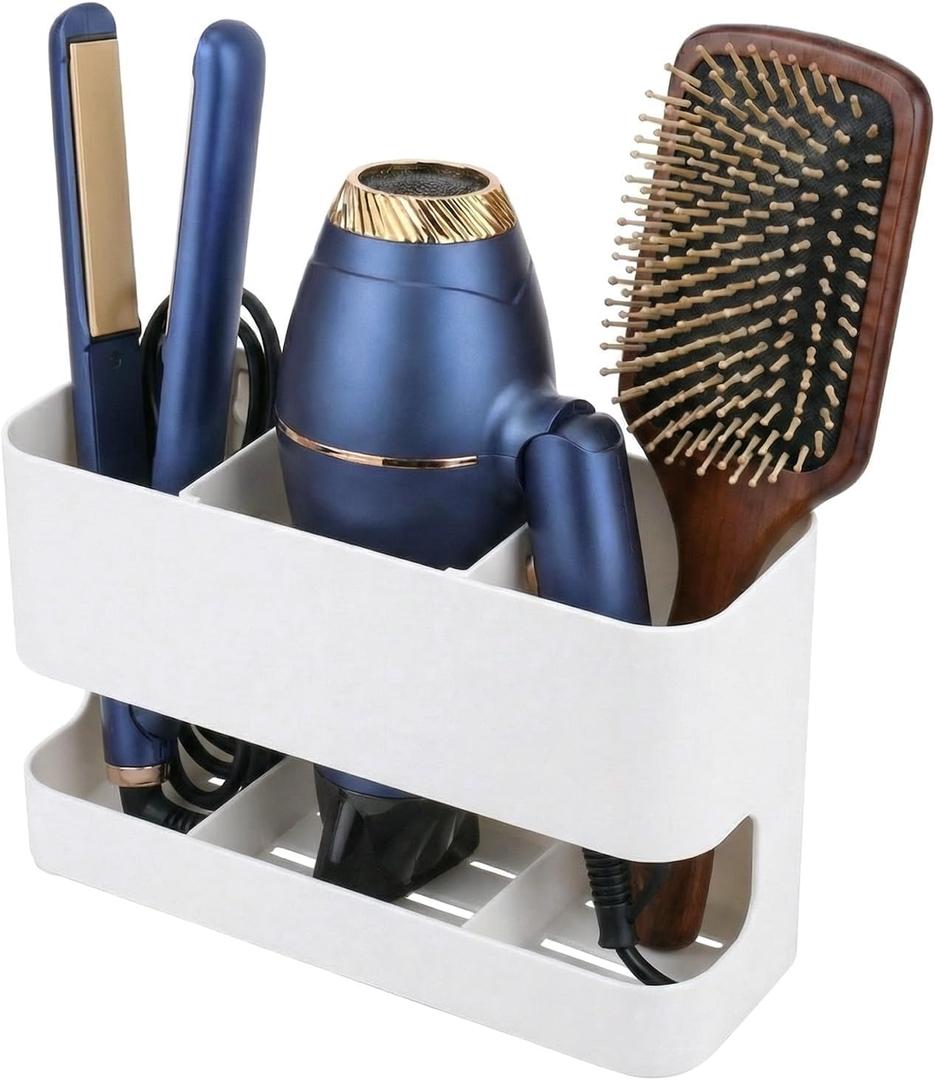 MyGift Hair Tool Organizer with 3 Slots, Wall Mounted Hair Dryer Holder, White Metal Bathroom Salon Organizer Rack for Blow Dryer Straightener Curling Iron (Medium)