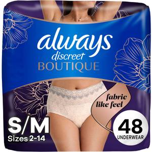 Always Discreet Boutique Incontinence and Postpartum Underwear for Women, Maximum Protection, S/M, Rosy, 12 Count x 4 Packs (48 Count Total) (Packaging May Vary)