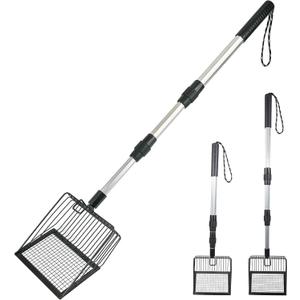 Cat Litter Scoop with Extendable Long Handle, 22.2"-42.5" No Bending Back Metal Kitty Litter Scoop, Large Non-Stick Wide Flat Head Heavy Duty Cat Pooper Scooper