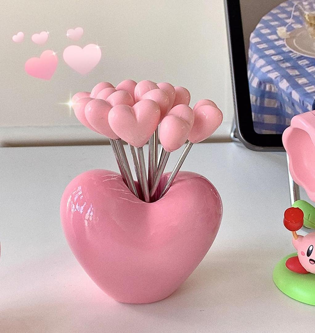 Set of 10 Stainless Steel Fruit forks and 1 Pink Love Holder, Fruit Forks Salad Forks Food Picks