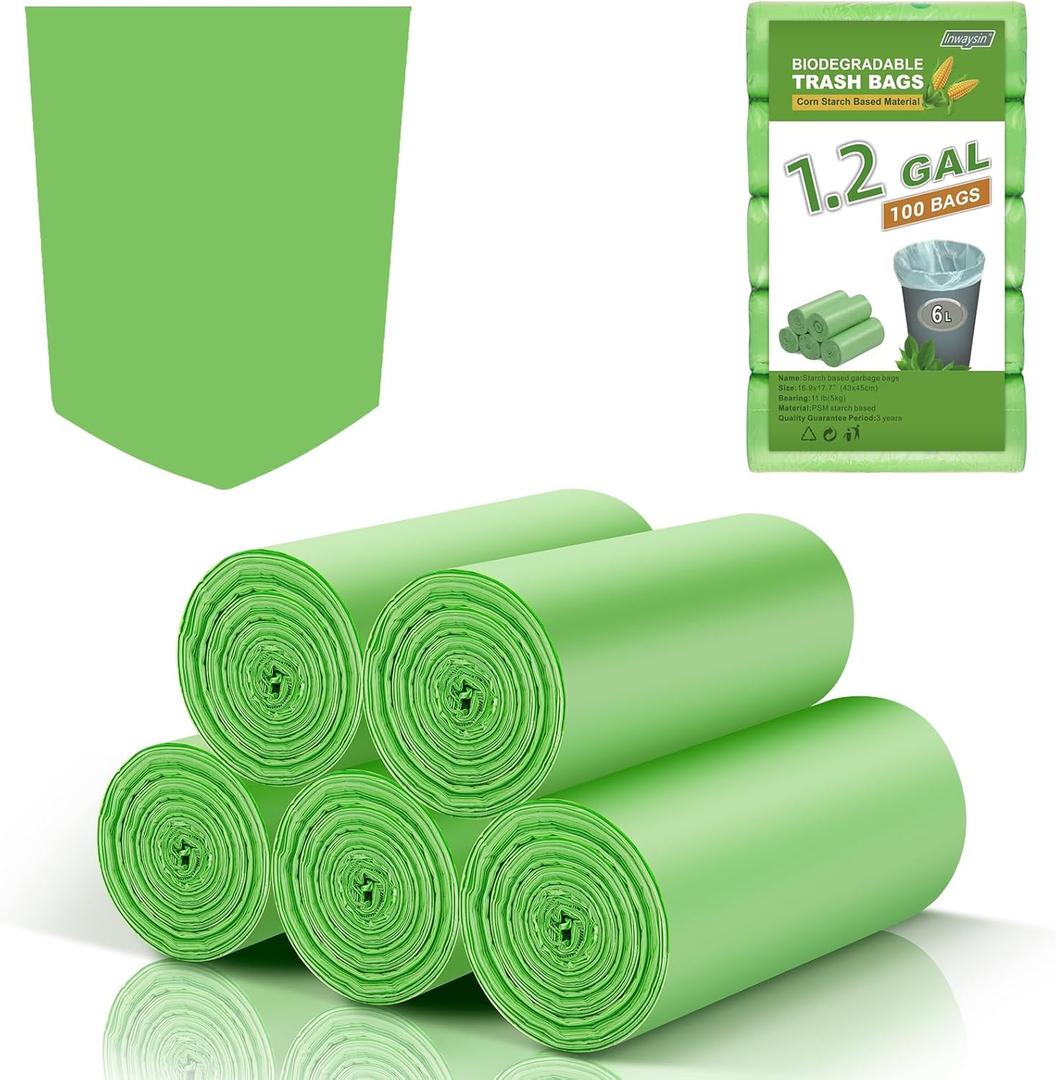 1.2 Gallon Mimi Compostable Trash Bags - (Fit1-1.3Gallon) Small Garbage Bags Green Biodegradable 5 Liter 100 Count Unscented For Kitchen Bathroom Car Tiny Waste Basket Liners Strong Inwaysin