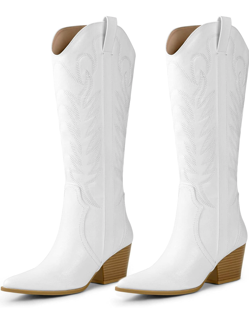 Arromic Cowboy Boots for Women Comfortable Womens Embroidered Western Cowgirl Knee High Boots Pointed Toe Zipper Chunky Heel Country Outfit Retro Tall Boots, Size 7