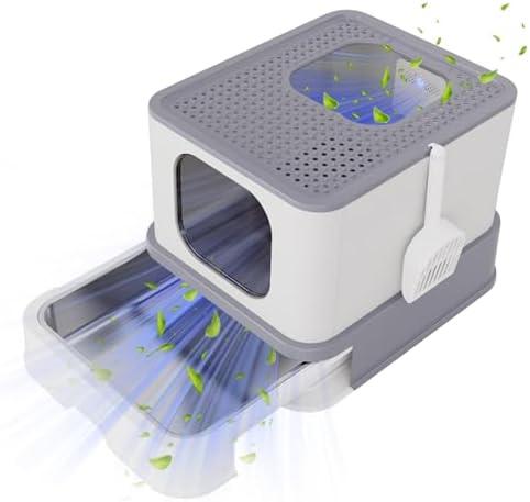 RIZZARI Enclosed Cat Litter Box with Lid, Large Foldable Litter Box with Litter Scoop, Top Entry Cat Toilet for Kittens and Big Cats (Light Gray, Stainless Steel with Deodorizer, X-Large)