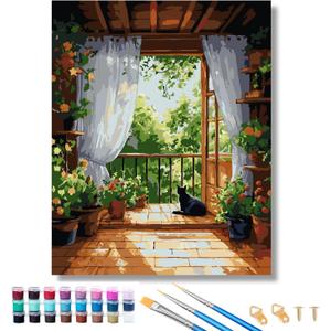 GUMONE Paint by Numbers Kit for Adults,Easy Acrylic on Canvas 16x20 inch with Paints and Brushes,Paint by Numbers Landscape Cat for Home Wall Decor (Flower Room Cat)