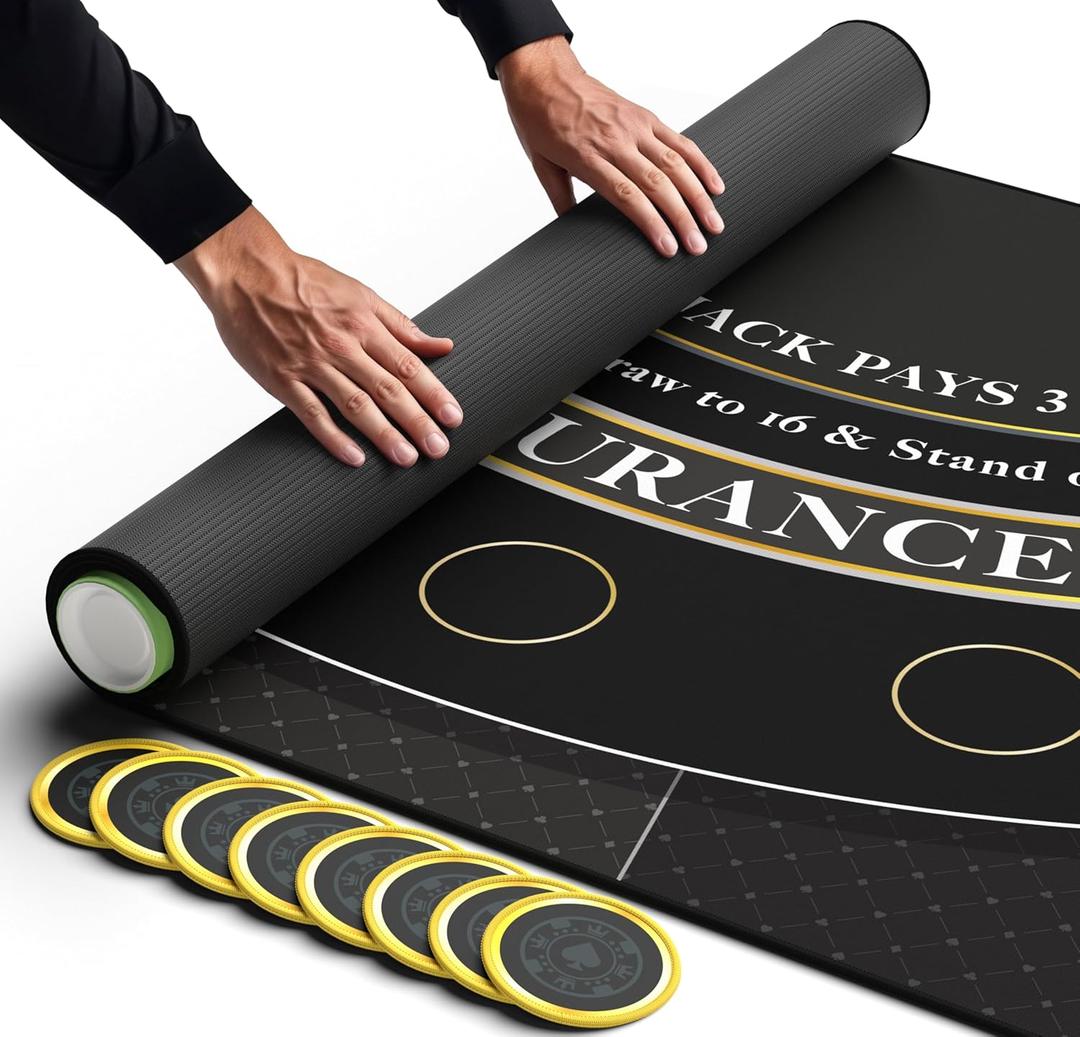 Newverest Blackjack Mat 70" x 30" - Ideal Poker Topper for 6ft and 8ft Folding Tables (30" Width), Black Jack Casino Table Top for Home Game Nights, Portable with Zipper Storage Bag in Gift Ready Box