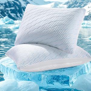 Cooling Shreded Memory Foam Pillows Queen Size Set of 2, Adjustable Firm Bed Pillows for Side, Back, Stomach, Hot Sleepers - with Breathable Washable Cover(White/Blue, 20"x 30")