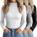 3 Pack Women's Cotton Long Sleeve Mock Turtleneck Tops Ribbed Lettuce Trim Slim Fit Shirts Thermal Base Layer (Black, White, Heather Light Gray)