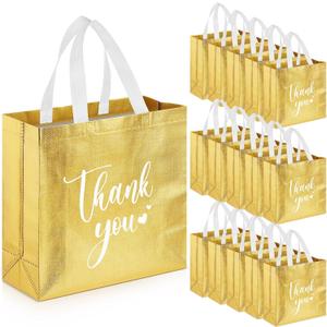 Sweetude 30 Pcs Thank You Gift Bags with Handles, Reusable Non Woven Foldable Goodie Bags Bulk for Graduation Easter Wedding Bridesmaid Favors(11 x 12 x 5 Inch,Gold)