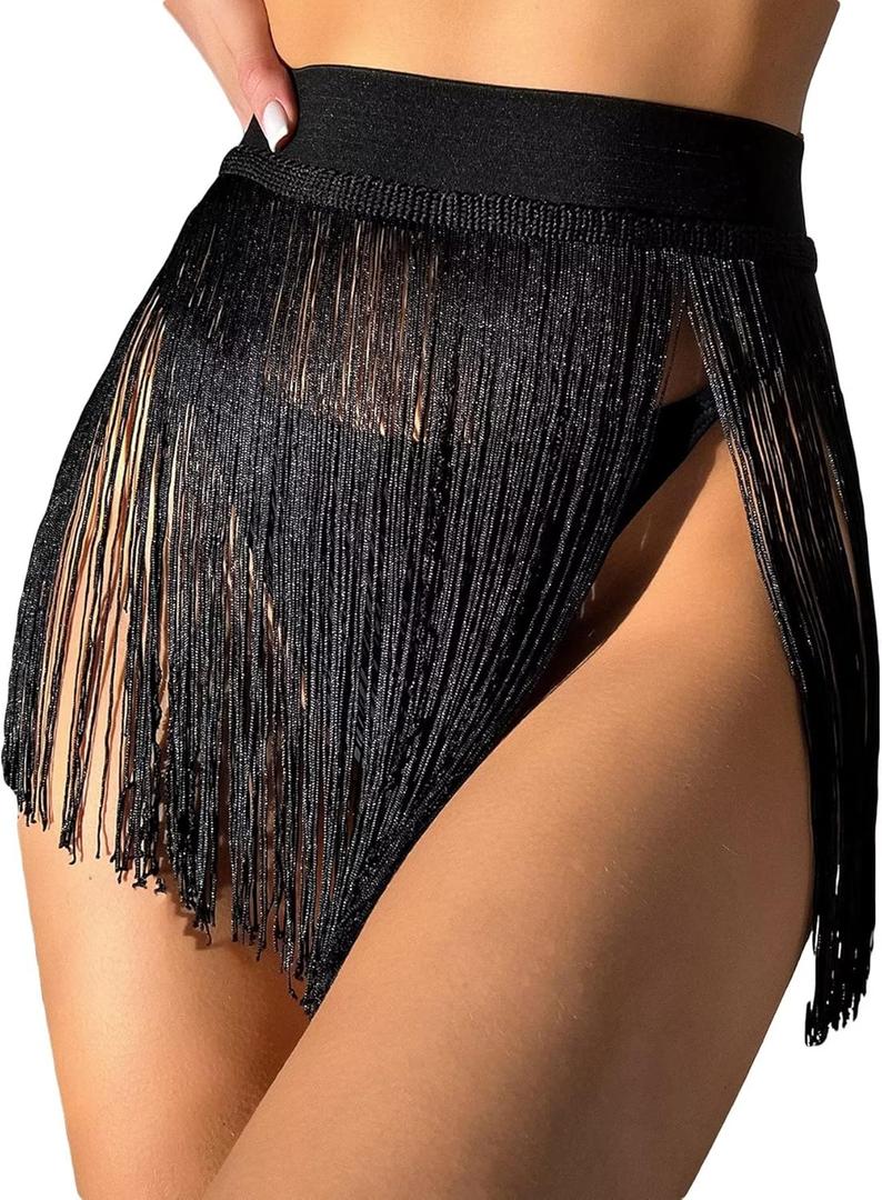 Women's High Waist Fringe Trim Party Mini Skirt (Large, Black)