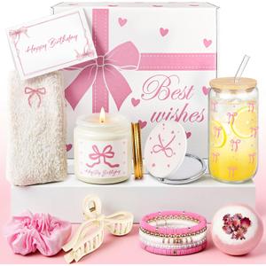 Birthday Gifts for Teen Girl & Women, Pink Bow Trendy Birthdays Gifts Box with Scented Candles, Greeting Card & Cute Accessories, Birthday Presents for Her, Best Friend, Sister, Daughters