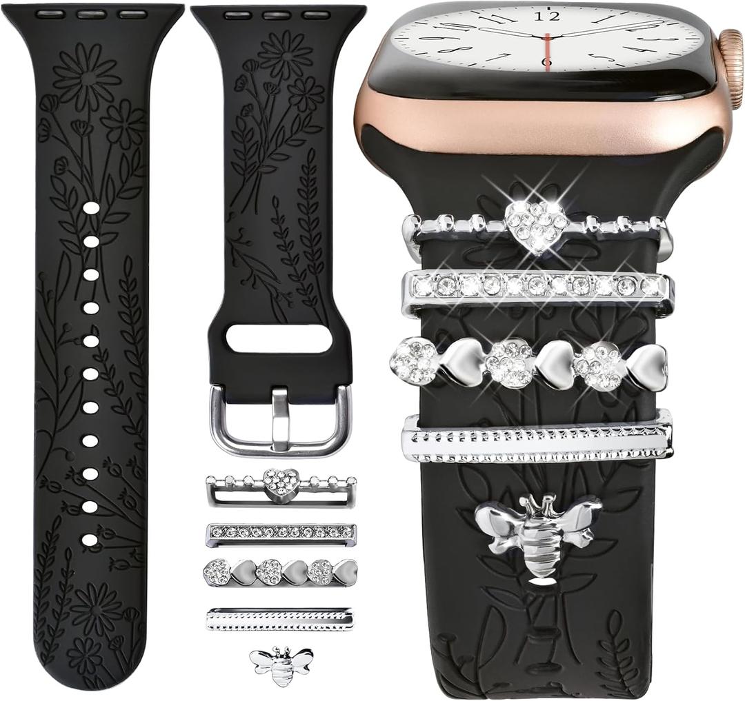 Watch Band Charms (Band Included), Compatible with Apple Watch Band 38mm 40mm 41mm 42mm(S10), Floral Engraved Silicone Straps Accessories for iWatch Bands Ultra 3 2 1 Series se 11 10 9 8 7 6 5 4 3 2 1 (Silver bee)