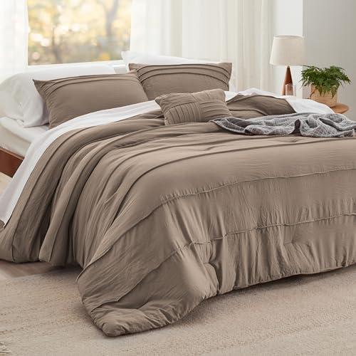 Bedsure Twin Comforter Set - 3 Pieces Pinch Pleat Bed Set, Brown Boho Bedding for All Season, 1 Soft Comforter, 1 Pillowcase, 1 Decorative Pillow
