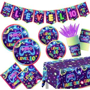 142Pcs Video Game 10th Birthday Party Decorations Neon Level 10 Birthday Decorations Plates Napkins Cups Banner Tablecloth for Boys 10th Party Supplies