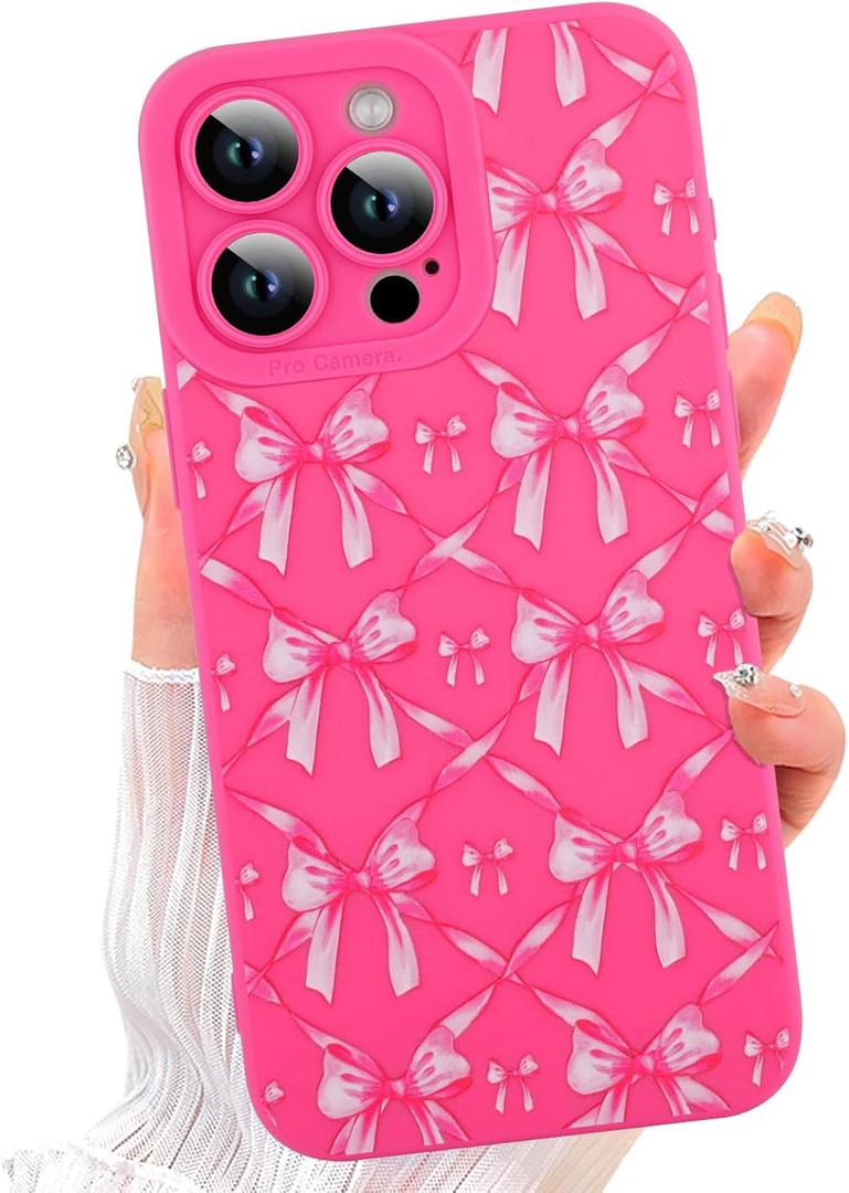 ZIYE for iPhone 14 Pro Max Case Hot Pink Bows Pattern Phone Case with Camera Protection,Soft TPU Silicone Rubber Protective Cover Cute Design Cases Compatible with iPhone 14 Pro Max 6.7 Inch