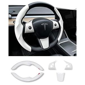 Uxcer Carbon Fiber Steering Wheel Cover & ABS Wrap Kit for Tesla Model 3 / Y Accessories White, Only 2 Piece