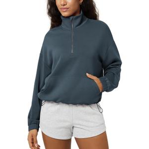 ODODOS Women's Modal Soft Cinchable Sweatshirts Half Zipper Funnel Neck Oversize Pullover with Pockets (Blue, M)