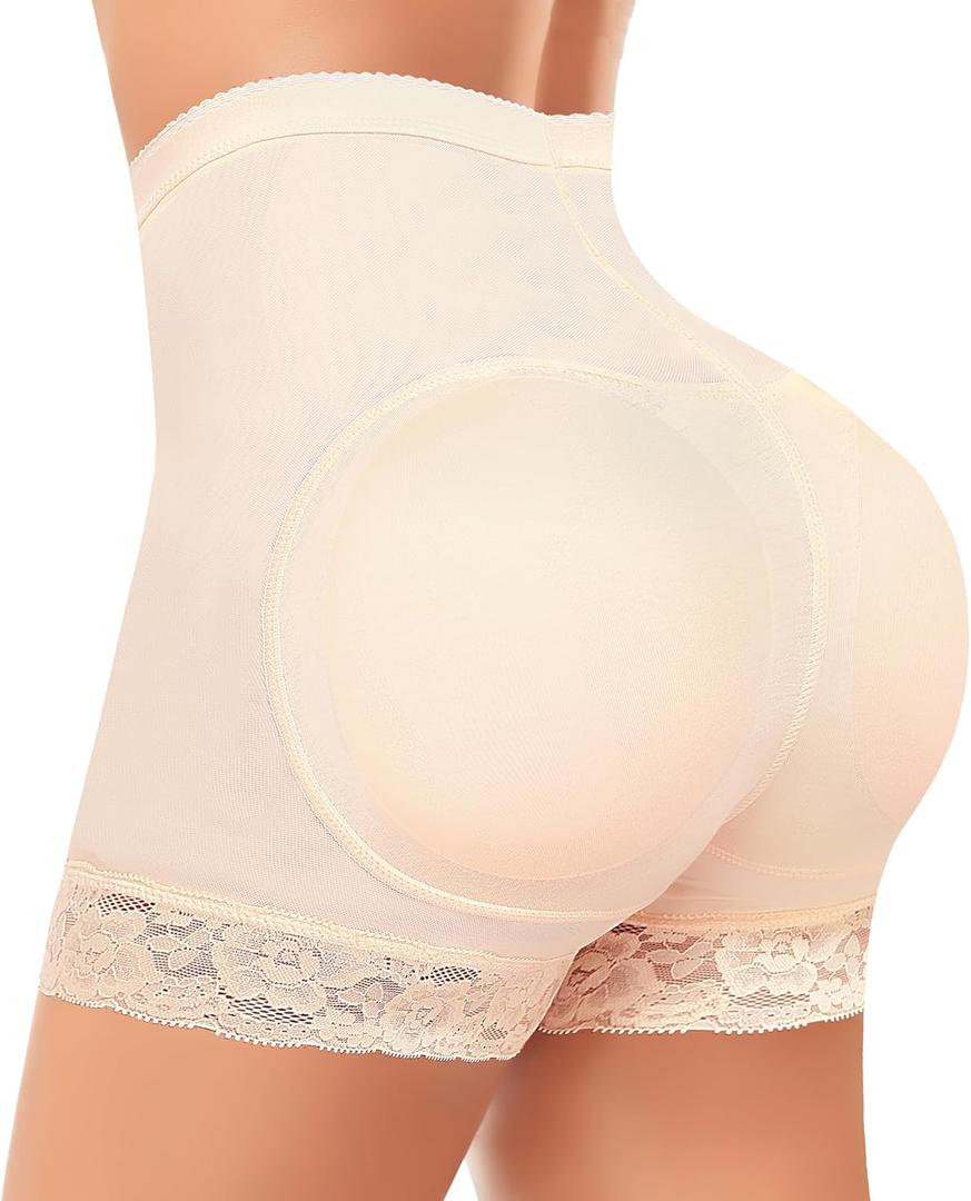 Padded Underwear for Women Butt Lifter Panties Booty Pads Butt Enhancer Lace Boyshorts Shapewear (Medium, #2 Beige-high Waisted)