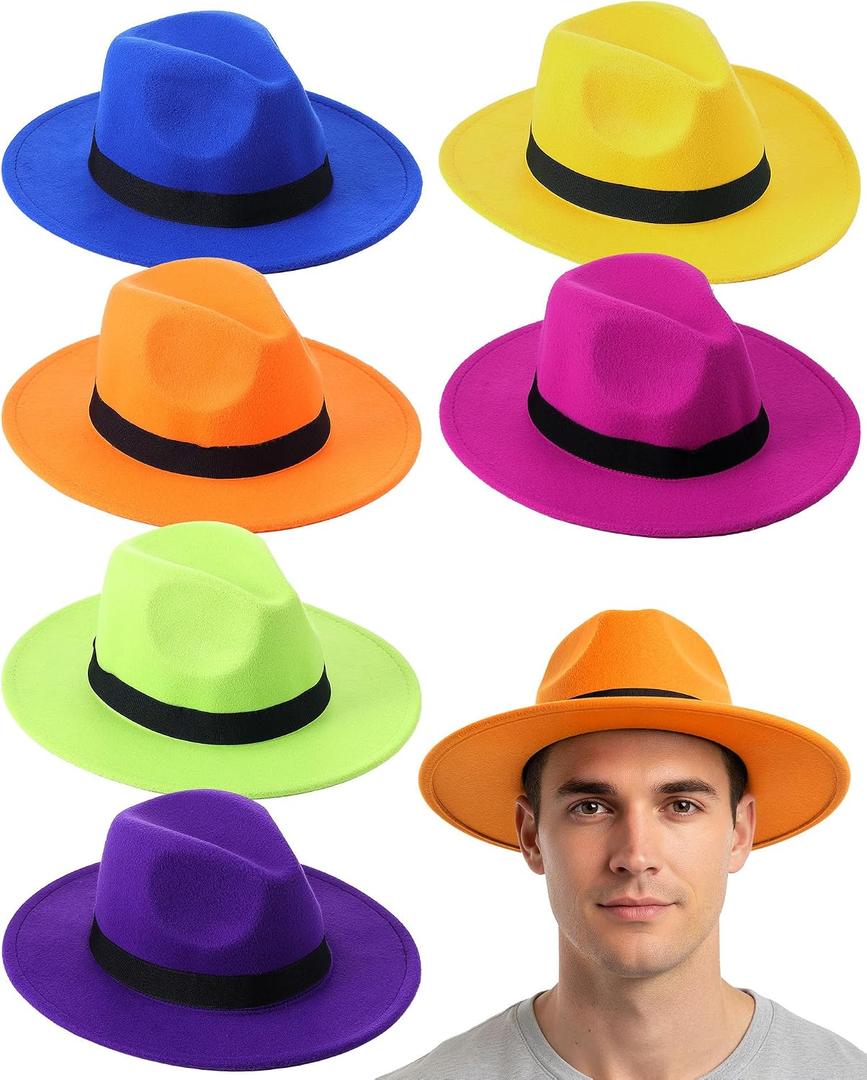 SATINIOR 6 Pcs Felt Bowler Hats Bulk Vintage Gangster Mafia Manhattan 1920s Costume Hats for Halloween Cosplay Party Supplies (Mafia, 6 Neon Colors)