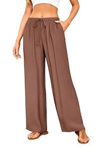 GUOLEZEEV Women Flowy Linen Pants Wide Leg Drawstring Loose Casual Pants Vacation Beach Trouser Brown, XL