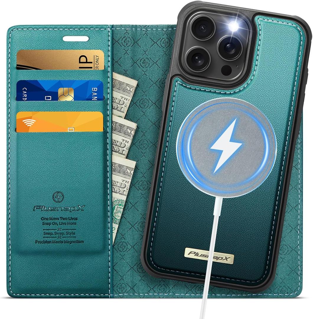 Wallet Case for iPhone 15 Pro Compatible with Magsafe, 2-in-1 PU Leather Flip RFID Blocking Card Holder Stand Shockproof Magnetic Detachable Cover for iPhone 15 Pro Case 6.1", Bluegreen