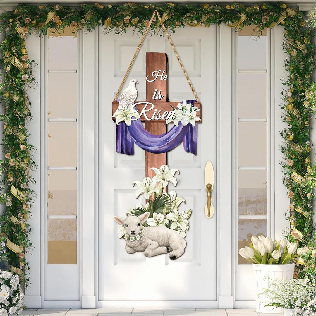 27.6x11.8Inch Large Easter Door Sign He Is Risen Hanging Decor Religious Cross Wooden Wreaths for Front Door Ornament Vbs Decorations for Spring Party Sunday School Porch Church Wall Decor