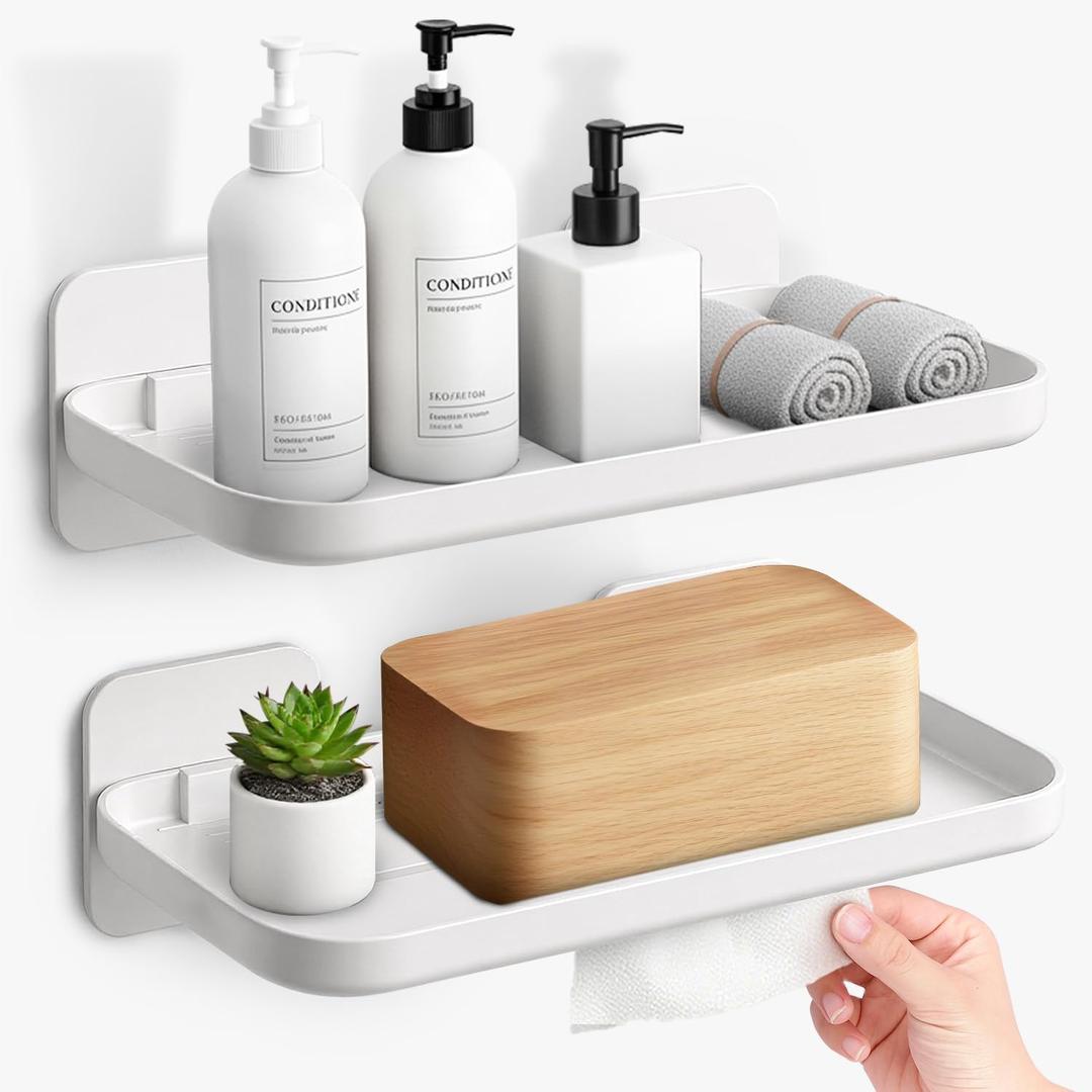 HINIHAO 2pc Wall Mounted Floating Shelf, Self Adhesive Small Shelf, No Drill Adhesive Wall Shelf, Floating Shelves Damage-Free Expand Walls Space for Living Room Kitchen Bathroom (White)