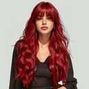 NOSTALGIA Vibrant Red Long Wavy Wigs with Bangs for Women, Premium Skin-Friendly Synthetic Hair, Bright Red Cosplay Party Wig for Halloween, Christmas & Daily Wear