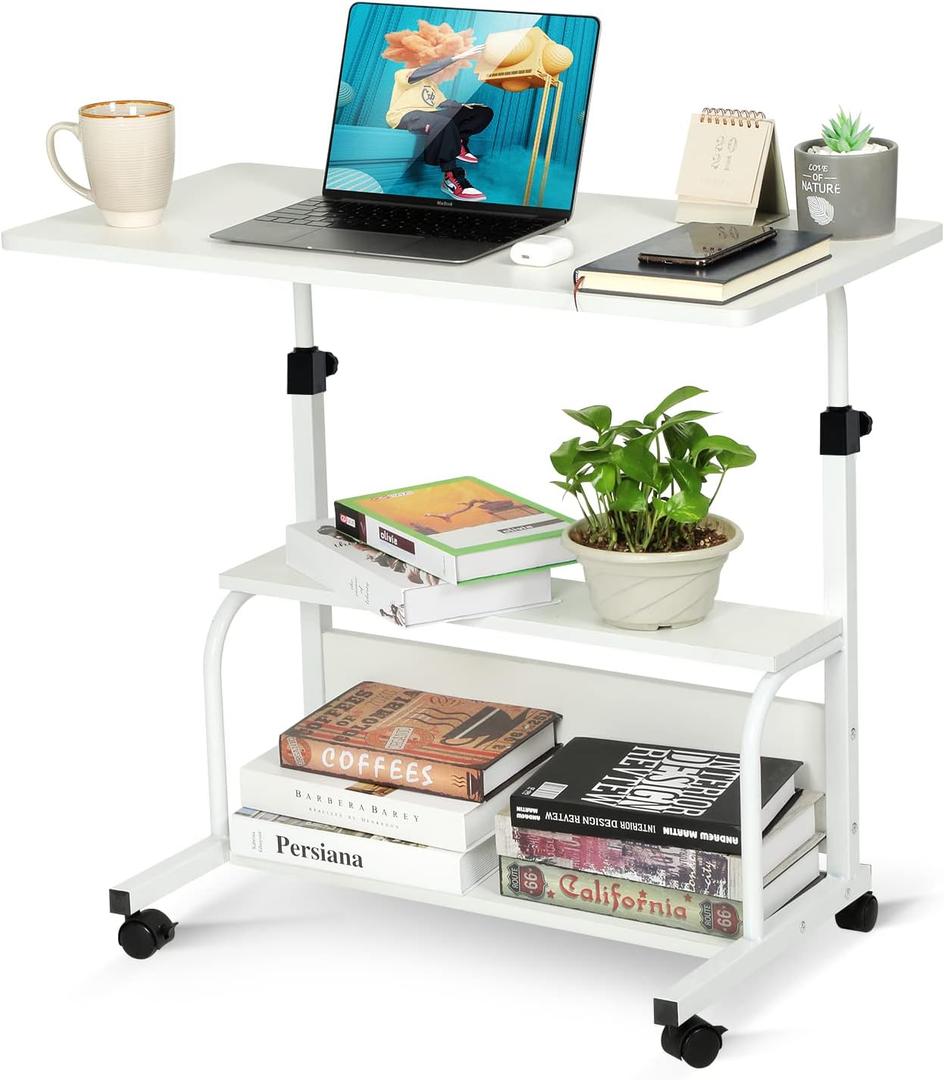 Portable Rolling Desk on Wheels Small Standing Desk Adjustable Height Desks with Wheels for Small Spaces, 32" Computer Desks with Storage Shelves for Home Office Study White