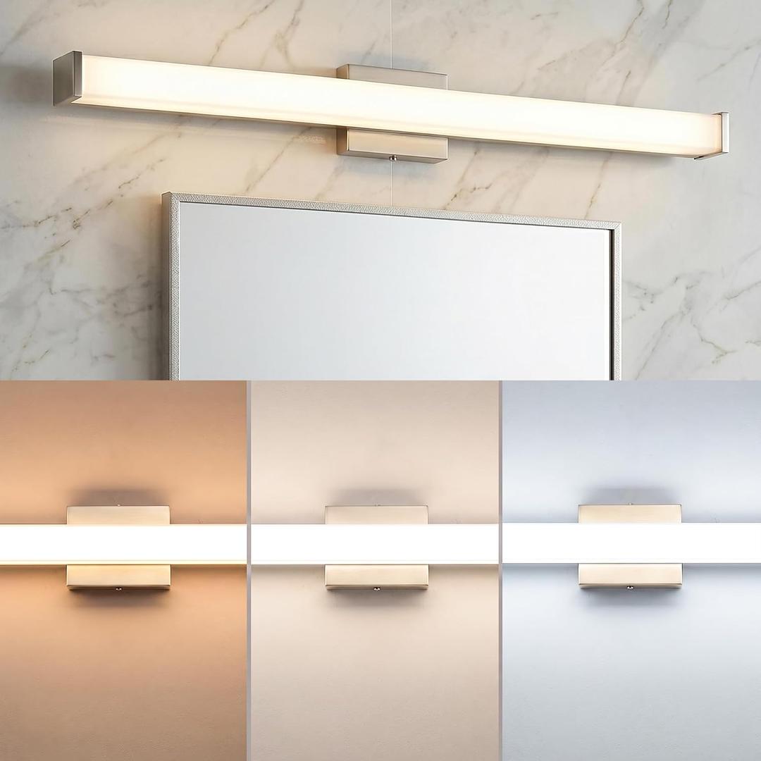 URSOLA 48" Modern LED Bathroom Light Fixtures, Brushed Nickel 3CCT Dimmable Bathroom Vanity Light Over Mirror, Bathroom Vanity Bath Bar Lights with Double Layer Acrylic Shade
