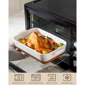 MALACASA Casserole Dishes for Oven, Ceramic Baking Dishes Set of 2, Baking Pan Casserole Dish Set, Rectangular Lasagna Pan Deep with Handles for Baking, Khaki White (13''/10.5''), Series TARA